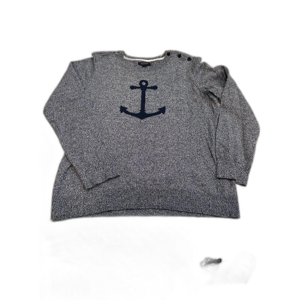 Nautica Heathered Navy Anchor Cotton Sweater Size Large